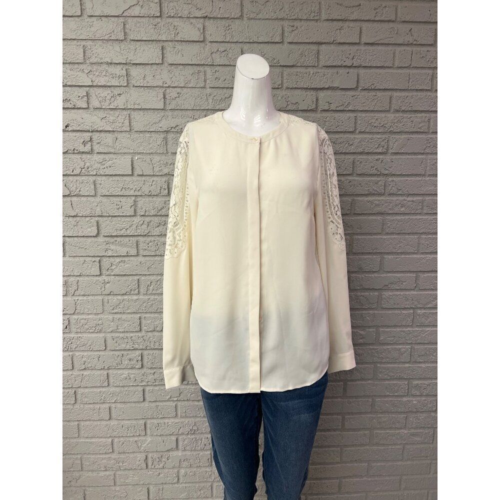 Talbots Women Cream Lace Long Sleeve Button Up Blouse Size M